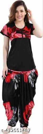 Satin night dress set for women and girls, comfortable pyjamas with short sleeves, made in India (Set of 2)